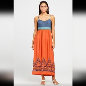 Flying Tomato Embroidered Orange and Blue Maxi Dress Size Large